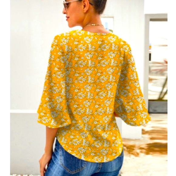Yellow Floral Tied Front Top - Picture 3 of 5